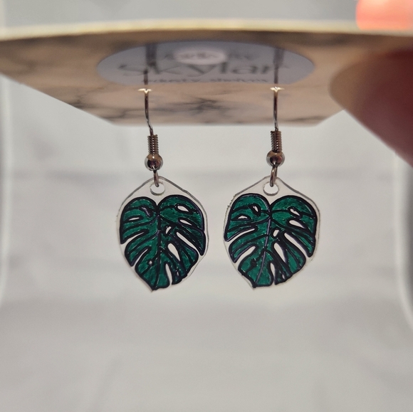 Handmade Shrinking Plastic Monstera Leaf Dangle Earrings - Picture 2 of 5